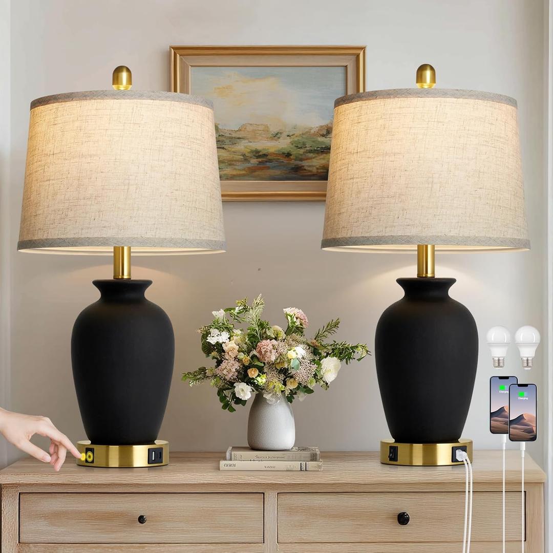 23" Set of 2 Black Ceramic Farmhouse Table Lamp with Ginger Jar Design, Bedside USB Lamps for Living Room,Dining Room,Bedroom,Office,Nightstand,End Table