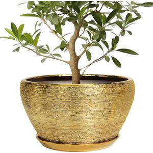 Ceramic Planter 13 Inch - Indoor Plant Pot with Drainage Hole and Saucer Large Ceramic Pot for Plants Mid-Century Decorative Modern Outdoor Flower Pot for Home Decor Gold
