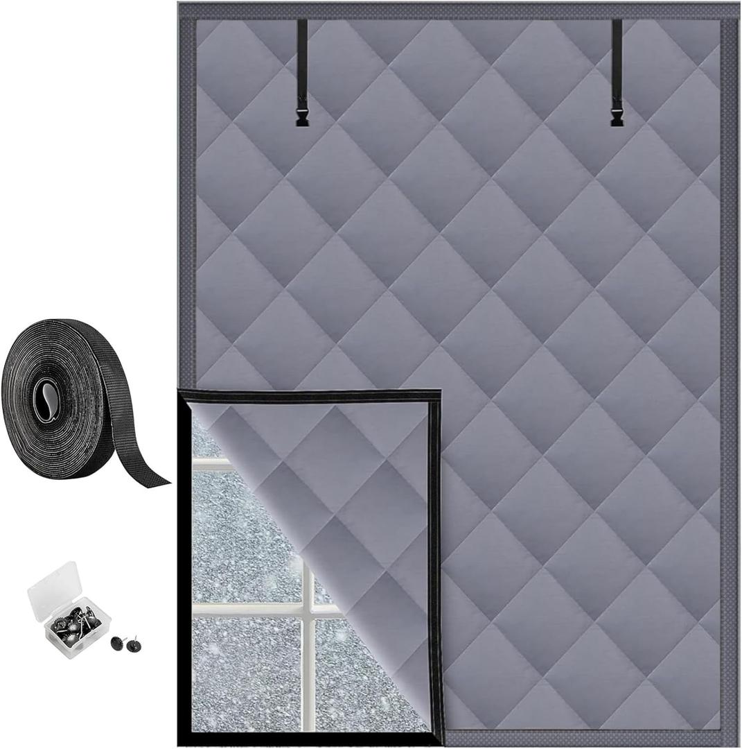 TECUUL Window Insulation for Winter, 47''X63'' Winter Window Insulation Kit Gray Oxford Cloth Thicken Cotton Filled Soundproof Thermal Curtain for Attic Bedroom Kitchen Bathroom RV Basement