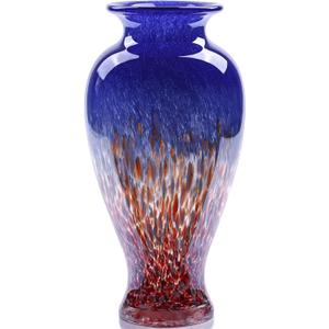 11.8" Tall Blown Blue Glass Vase, Colorful Opaque Glass Vase, Unique Design Wide Mouth Art Decoration for Home, Living Room, Dining Table, Pampas Grass Decor (Blue)