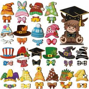 42 Pcs Interchangeable Highland Cow Graduation Gift Holiday Highland Cow Decor Seasonal Sign Farmhouse Rustic Wooden Desk Accessories Welcome Ornament Tiered Tray Decorations for Home Office