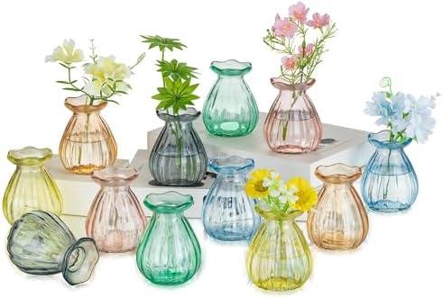 Hewory Small Bud Vases for centerpieces: 12 Pcs Glass Colored Vase for Flowers - Mini Ribbed Vases for Wedding Baby Bridal Shower Events Decorations
