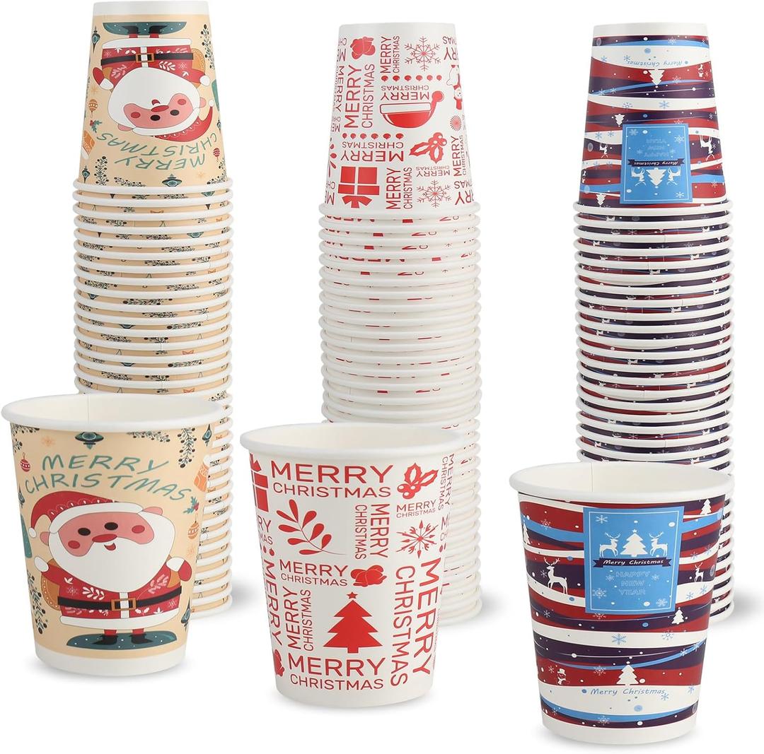 Richboom Christmas Cups, 100 Count 8 oz Disposable Christmas Coffee Cups Holiday Paper Coffee Cups Hot Chocolate Bar Supplies for Merry Christmas or New Year Party Decorations