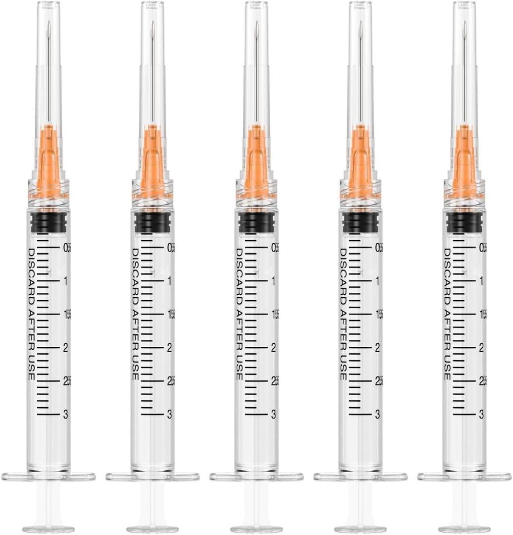25 Gauge 1 inch Needle with Syringe (100Pack), 3ml Luer Lock Syringes with Needle, Individual Package