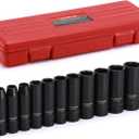 CASOMAN 13 Pieces 3/8-Inch Drive Impact Socket Set, 6-Point, Metric, Deep, CR-V, 7mm to 19mm, Heavy Duty Blow Molded Storage Case