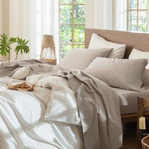 MooMee Bedding Sheet Set 100% Washed Cotton Linen Like Textured Breathable Durable Soft Comfy (Heathered Cream Grey, King)