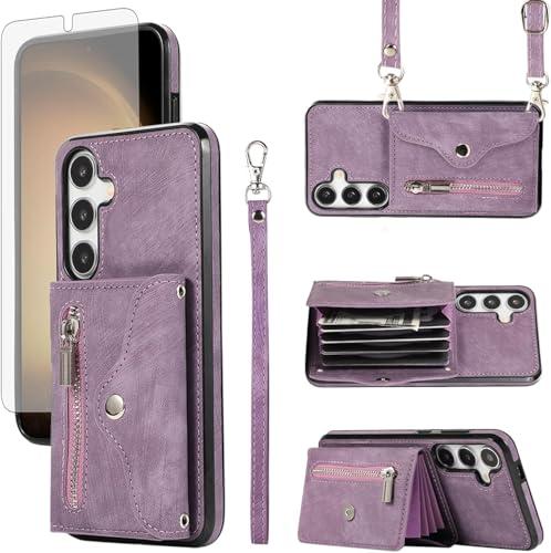 Asuwish Phone Case for Samsung Galaxy S26 5G 2026 Wallet Cover with Wrist Crossbody Strap Lanyard Credit Card Holder Stand Leather Cell Accessories S 26 26S GalaxyS26 Women Men Purple