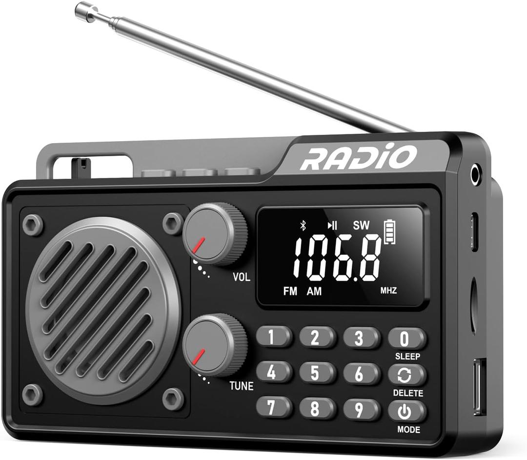 Portable Radio AM FM 1500mAh Rechargeable with Best Reception, Transistor shortwave Radio Wireless Bluetooth Speaker, with Large LCD Screen, Support TF Card U Disk, Earphone, Sleep Timer (Black)