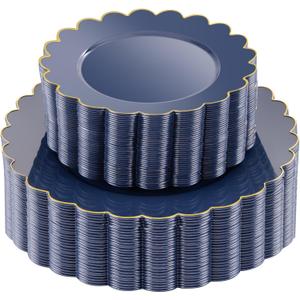 LIYH 60 Pcs Navy Blue and Gold Plates Scalloped Disposable Combo Includes 30 Dessert & 30 Dinner Plates for Monthers Day Birthday Wedding Party