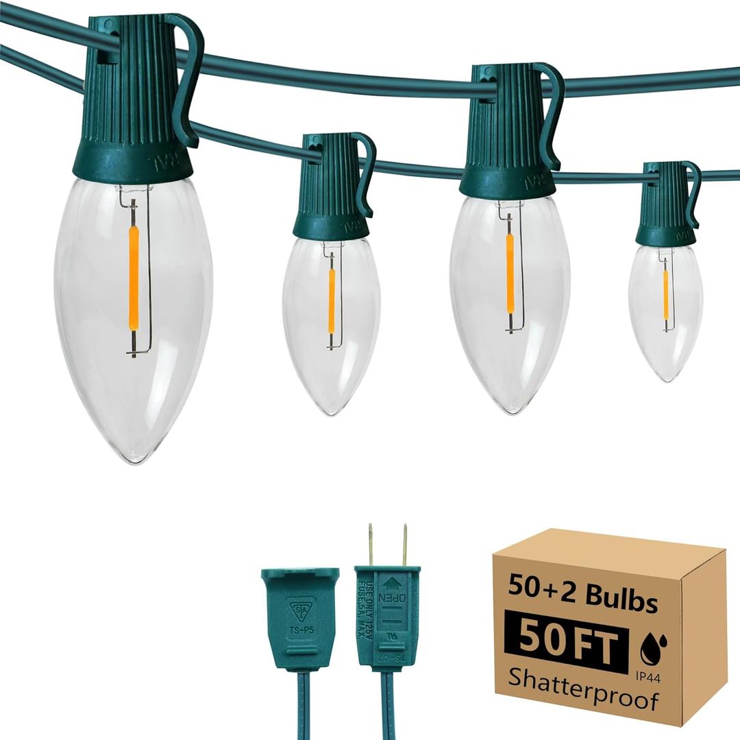 C9 Clear Christmas String Lights, 50FT 52 Bulbs Bright & Warm Outdoor Christmas Lights, Outdoor Indoor Xmas Roofline Backyard Garden Patio Home Holiday Decor, Waterproof Extendable Green Wire