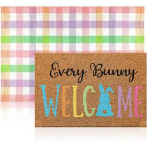 Duraaamo 2 Pcs Easter Coir Doormat Outdoor Rug Bunny Rabbits Welcome Door Mat Layered Buffalo Plaid Colorful Checkered Rug Coir Easter Mat for Outdoor Front Porch Entryway Decor