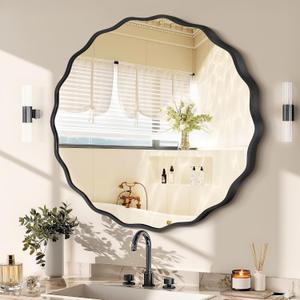 Gold Round Mirror for Wall, 32"x32" Decorative Wavy Bathroom Mirror with Brushed Alloy Steel Frame & Shatter-Proof Glass, Hanging Circle Wall Mirrors for Bathroom, Entryway (Black, Large)