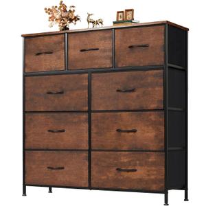 Dresser for Bedroom with 9 Drawers, Anti-Tip Fabric Storage Tower, Wood Top and Metal Frame Organizer for Clothes, Closet, Entryway, Hallway Furniture,Brown