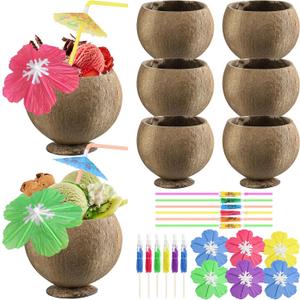 Fovths 6 Set Coconut Cups, 17 Oz Natural Coconut Shell Cups, Coconuts Shaped Tiki Cup with Straws Cocktail Umbrella Picks for Birthday Beach Pool Hawaiian Luau Party Decorations