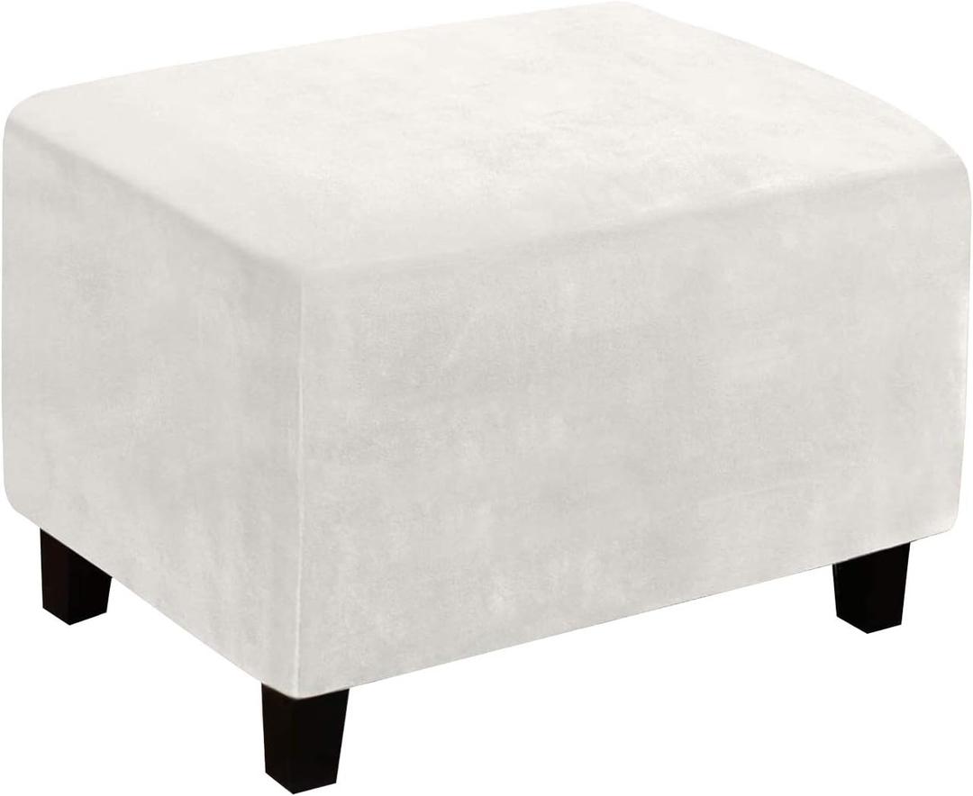 Ottoman Cover, Stretch Rectangle Velvet Ottoman Slipcovers of Foot Stool for Living Room, Folding Storage Furniture Protector with Elastic Bottom, Machine Washable(Tooth White, L)