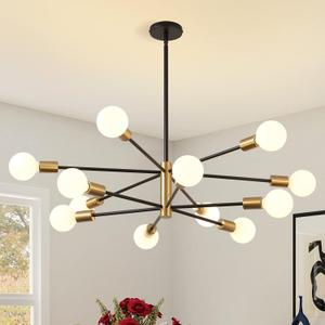 KAISITE Modern Chandelier 12-Light Sputnik Chandeliers Black and Gold Chandelier Light Fixtures for Dining Room Over Table Mid Century Height Adjustable High Ceiling Kitchen Farmhouse Chandelier