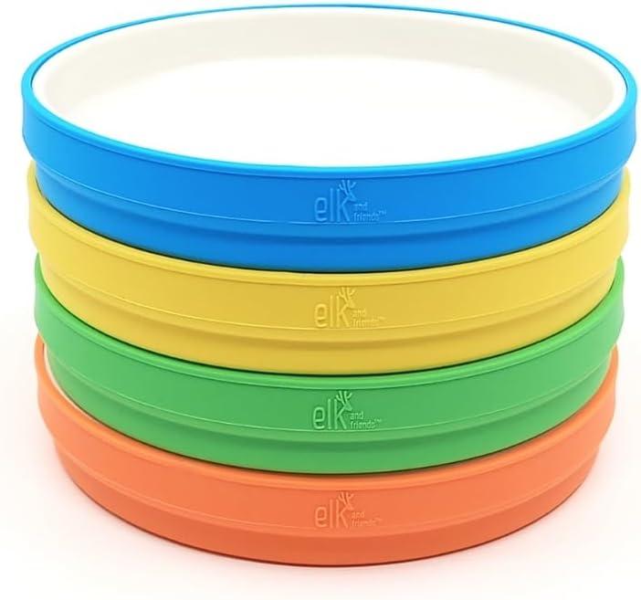 Elk and Friends Kids 7.8 Porcelain White Plates with Silicone Sleeves | Suitable for Babies/Toddlers | Microwave & Dishwasher Safe | Non Slip Dinnerware | Snack Dishes | 4 Pack