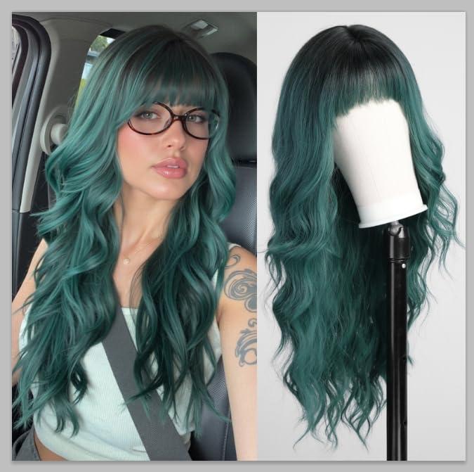 Green Wigs with Bangs,Green Wig for Women Highlight Long Wavy Wig for Women,Long Curly Wigs Synthetic Hair Wig for Party Cosplay Daily Use 26IN