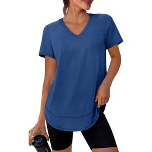 XIEERDUO Womens Workout Tops Short Sleeve Shirts Quick Dry Outfits for Hiking Running V Neck S-3XL (XX-Large, 07 Dark Blue)