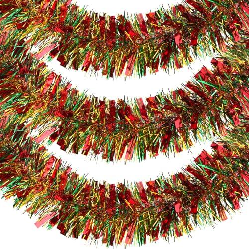 39.4Feet Christmas Tinsel Garland for Christmas Tree Decorations Xmas Red Green Gold Metallic Tinsel Garland Hanging Decorations for Staircase Railing Banister DIY Wreath Indoor Outdoor Ornament