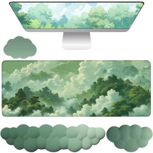 Green Cloud Mouse Pad and Keyboard Wrist Rest 4PCS Extended Forest Mountain Aesthetic Large Desk Mat Pad Set Memory Foam Non-Slip Cute Ergonomic Gaming Mouse Pad Wrist Support for Computer Home Office