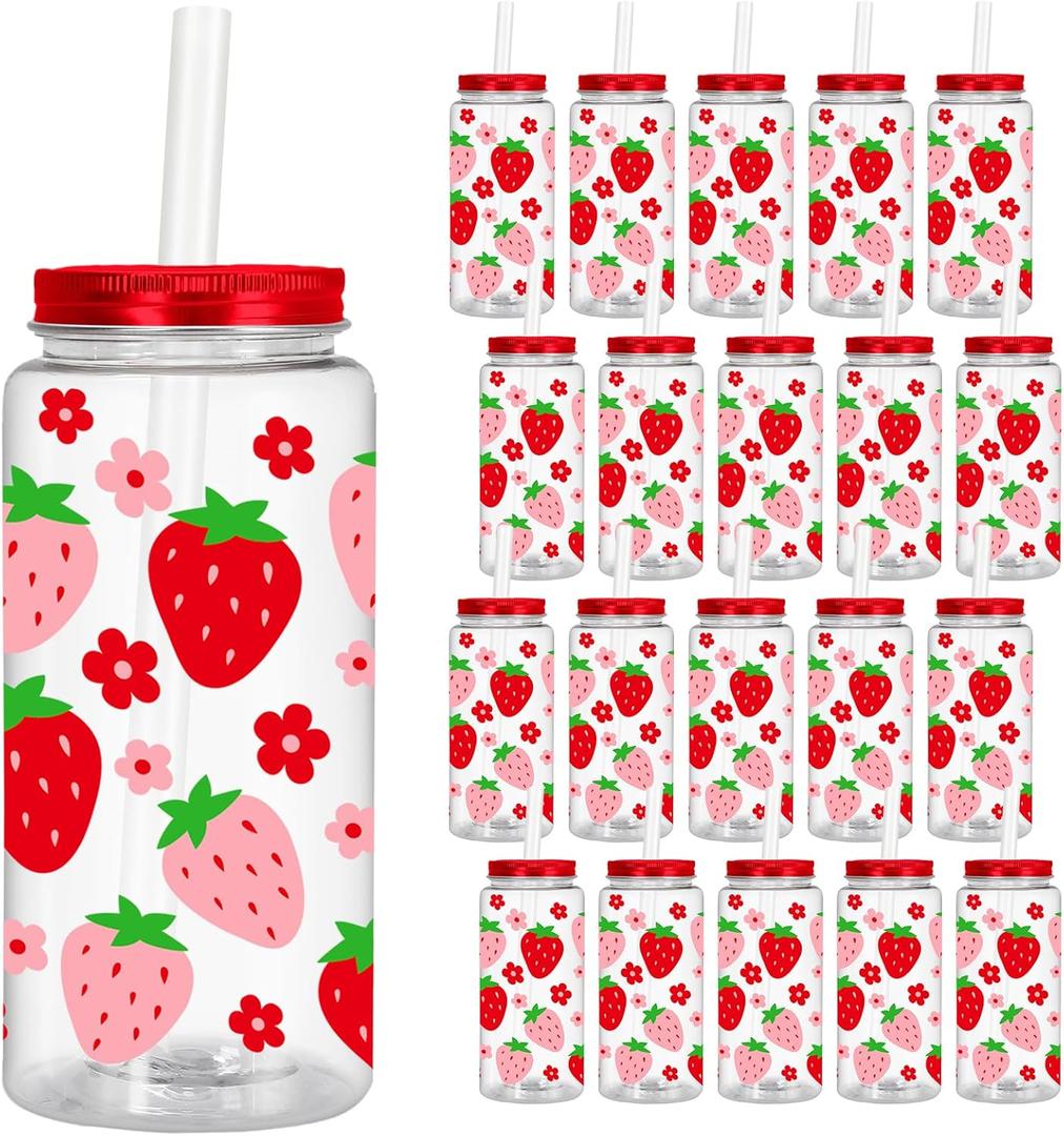 FYSUIMU 20 Pcs Strawberry Plastic Cups with Lids Straws Clear Reusable Mason Jar Red Pink Flower Strawberry Drinking Cups for Birthday Baby Shower Supplies, 14 Oz