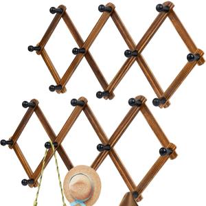 Accordion Wall Hanger, Wood Expandable Wall Mounted Hanger with 10 Hooks for Coats,Hats,Coffee Mug Ect,2 Packs Included,20 Pegs, Walnut Color,Retro Style