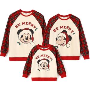 Disney family matching sweatshirt Stitch Mickey Spiderman print long sleeve winter Christmas mom dad kids loose fit red (XXL)