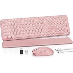 Rechargeable Backlit Wireless Keyboard and Mouse Combo, Retro Typewriter Keyboard with Magnetic Wrist Rest, Light Up Letters, 2.4GHz Cordless Connection for Mac, Windows PC, Laptop (Glowing Pink)