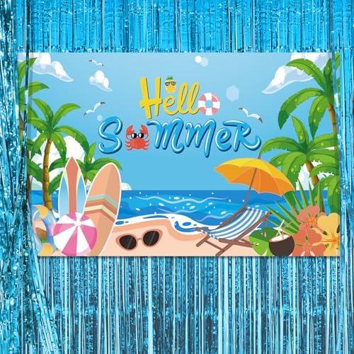 Pack of 2 AOYOO Vibrant Hello Summer Backdrop Banner - 72x44 Inch Durable Party Decoration for Summer Birthday BBQ Pool Graduation Events, Easy to Hang Fabric Photo Booth Background