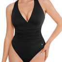 Popilush Bodysuits for Women Tummy Control Halter Tops V Neck Ruched Thong Shapewear Body Suits (Small, Black)