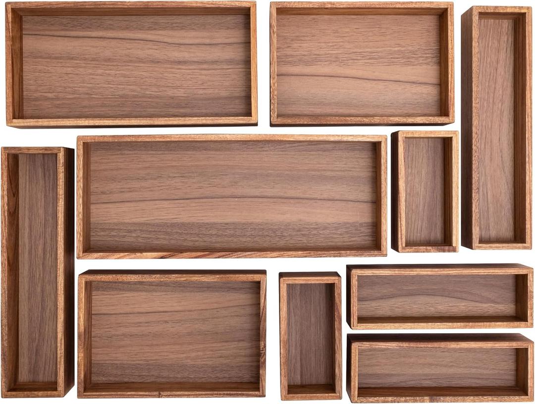 Seville Classics Acacia Wood Premium Organizer Storage Bins for Kitchen Silverware, Pantry, Closet, Office Desk, Pens, Utensils, Makeup, K Cup, Acacia, Bin Set (10 Piece)