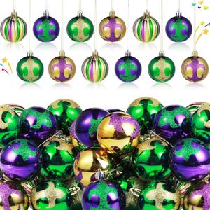 Capoda 24 Pcs Mardi Gras Ornaments 2.4 Inch Mardi Gras Ball Ornaments Carnival Purple Gold Green Shatterproof Hanging Glitter Balls for Tree Home Masquerade Party Decorations