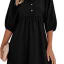 FENSACE Womens Casual Shirt Dress Puff Sleeve Button Down Shift Collared Neck Dresses with Pockets (Black, XL)