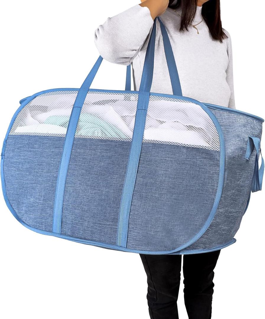 Pop Up Laundry Hamperwith Durable Handles collapsible laundry basketEasy to Open and Fold for college Dorm,kids roomtravel (Blue)