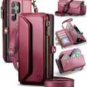 Strapurs Crossbody Wallet Case Compatible with Samsung Galaxy S22 Ultra 5G RFID Blocking 10-Card Holder Soft PU Leather Magnetic Snap Strap Zipper Pocket Phone Case Fit for Galaxy S22 Ultra - Wine Red