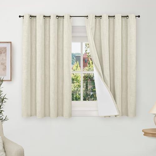 Lajode Blackout Curtains 54 Inch Length 2 Panels for Bedroom, Thermal Insulated Total Light Blocking Noise Reducing Linen Window Curtains for Farmhouse, Bronze Grommet, Natural, Each 52" Wide