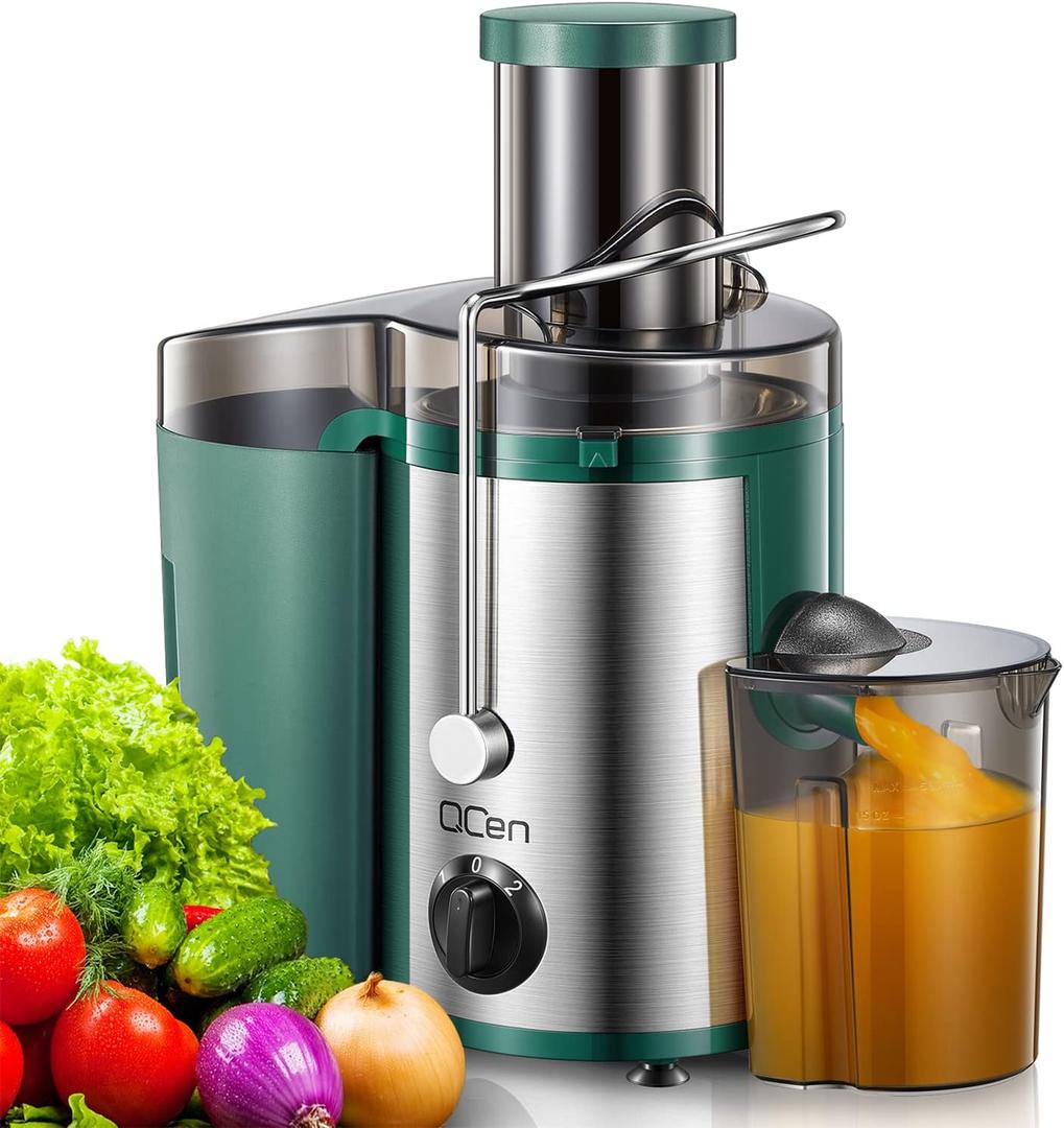 QCen Juicer Machine, 500W Centrifugal Juicer Extractor with Wide Mouth 3 Feed Chute for Fruit Vegetable, Easy to Clean, Stainless Steel, BPA-free (Green)