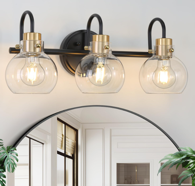 Apenath 3 Lights Bathroom Light, Black Gold Vanity Light Fixture, Wall Sconces with Globe Clear Glass Shade, Farmhouse Wall Mount Lamp for Mirror, Kitchen, Porch, Living Room, Workshop