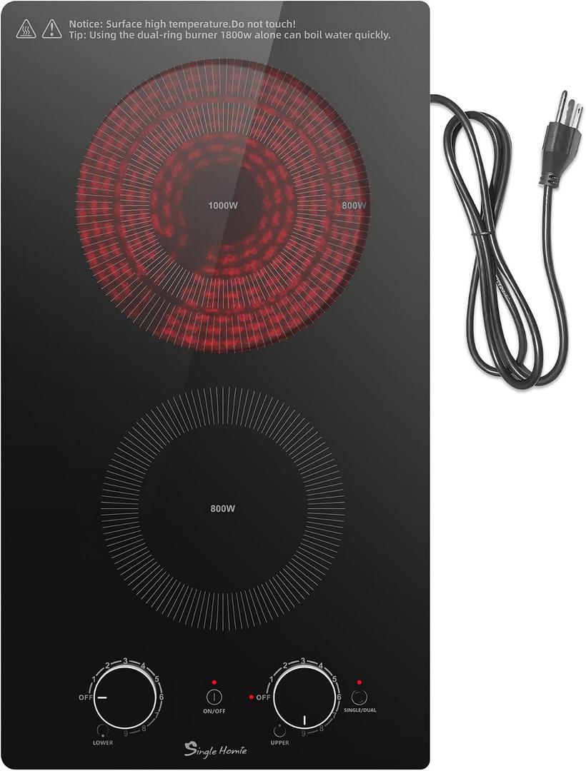 2 Burner Electric Cooktop 110v, Plug in Electric Burner, Countertop & Built-in Stove Top Burner with Knob Control, 9 Power Levels, Multiple Safety Protection, 1800W