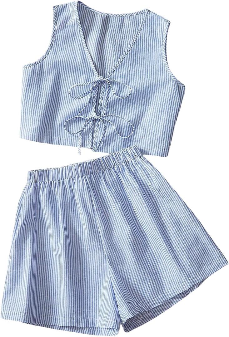 Verdusa Women's 2 Piece Striped Outfit Bow Tie Crop Tank Tops with Shorts Set (Medium, Blue and White)