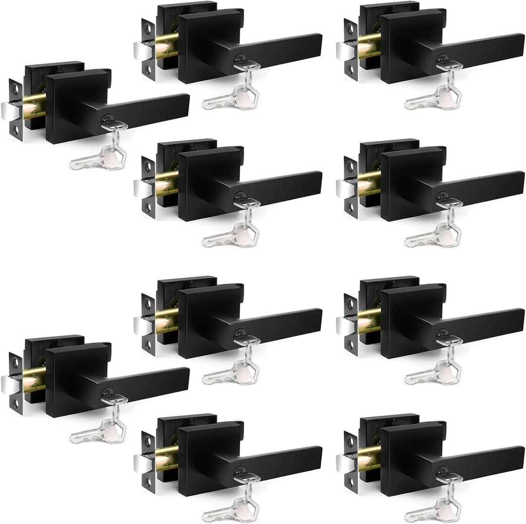 Door Handles Interior, Door Knobs Interior, Black Door Handle with Reversible Lever, Keyed Alike Door Lock Sets for Bedroom, 10 Packs Heavy Duty Door Lock Sets, Matte Black (Entry(Lock with Same Keys))