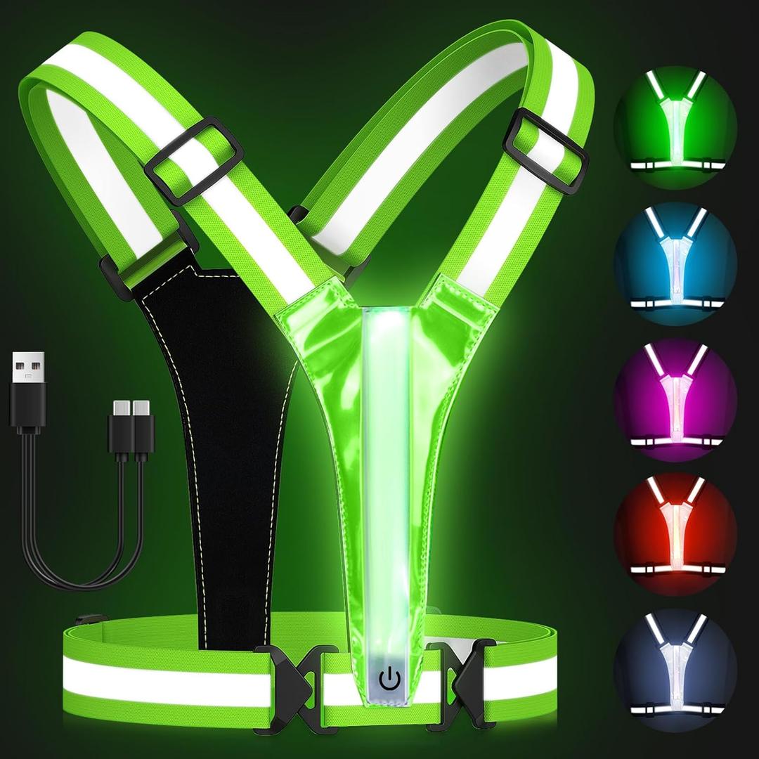 Zacro LED Reflective Vest Running Gear, 5 Lights Colors High Visibility Reflective Running Gear Rechargeable Light Up Running Vest for Walking Running Cycling, Adjustable for Men Women Kids (Bright Green)