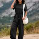 Flygo One Piece Jumpsuits for Women Crewneck Short Sleeve Casual Wide Leg Long Pants Drawstring Rompers Outfits with Pockets (Black, Small)