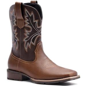 Lumeheel Cowboy Boots for Men - Western Men's Boots with Classic Embroidered, Slip on Square Toe Boots, Slip-Resistant Country Boots Chunky Heel Ankle, Durable Short Boots for Spring Fall. 10,5