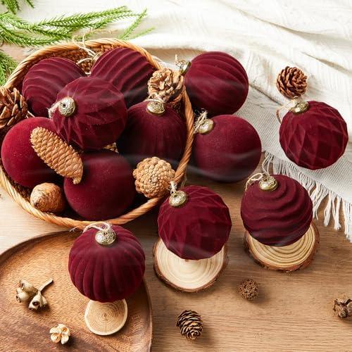 11 Pcs Light Scented Velvet Christmas Balls Bulk Winter Fir Scent Flocked Christmas Tree Ball Ornaments Hanging Baubles for Xmas Holiday Home Gift Yard Decor (Burgundy 3.15 Inch)