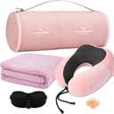 urnexttour Travel Pillow and Blanket Set Neck Pillows Soft Blankets with Sleep Mask Travel Essentials for Airplane Car Memory Foam Pink