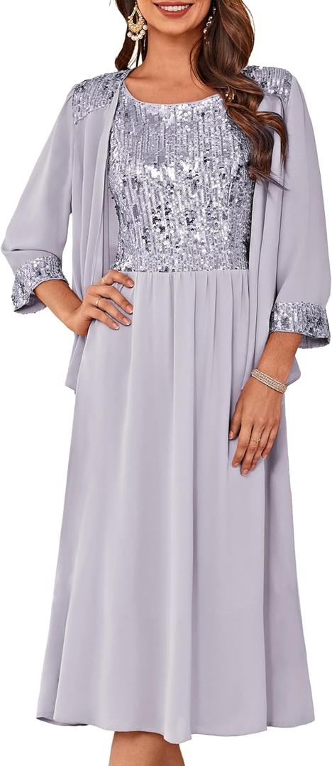 GRACE KARIN Wedding Guest Dress Mother of The Bride Dresses Two Piece Formal Sequin Dress with Jacket Tea Length 2025 (X-Large, Light Gray Purple)