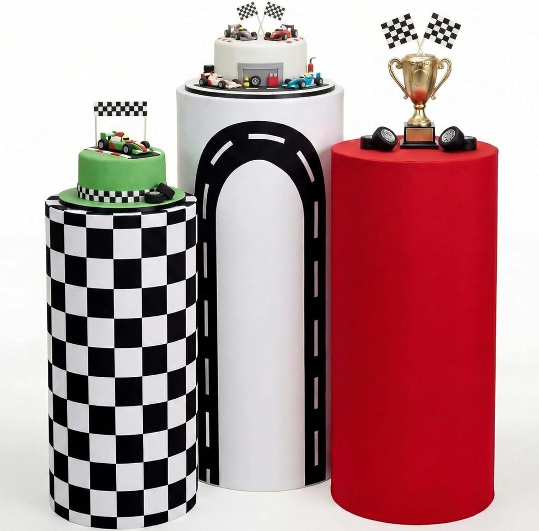 Tranqun 3 Pack Racing Car Theme Spandex Cylinder Stand Covers High Elasticity for Racing Car Theme Birthday Party Decorations Boys Baby Shower Festa Parties Cake Desserts Tablecloth