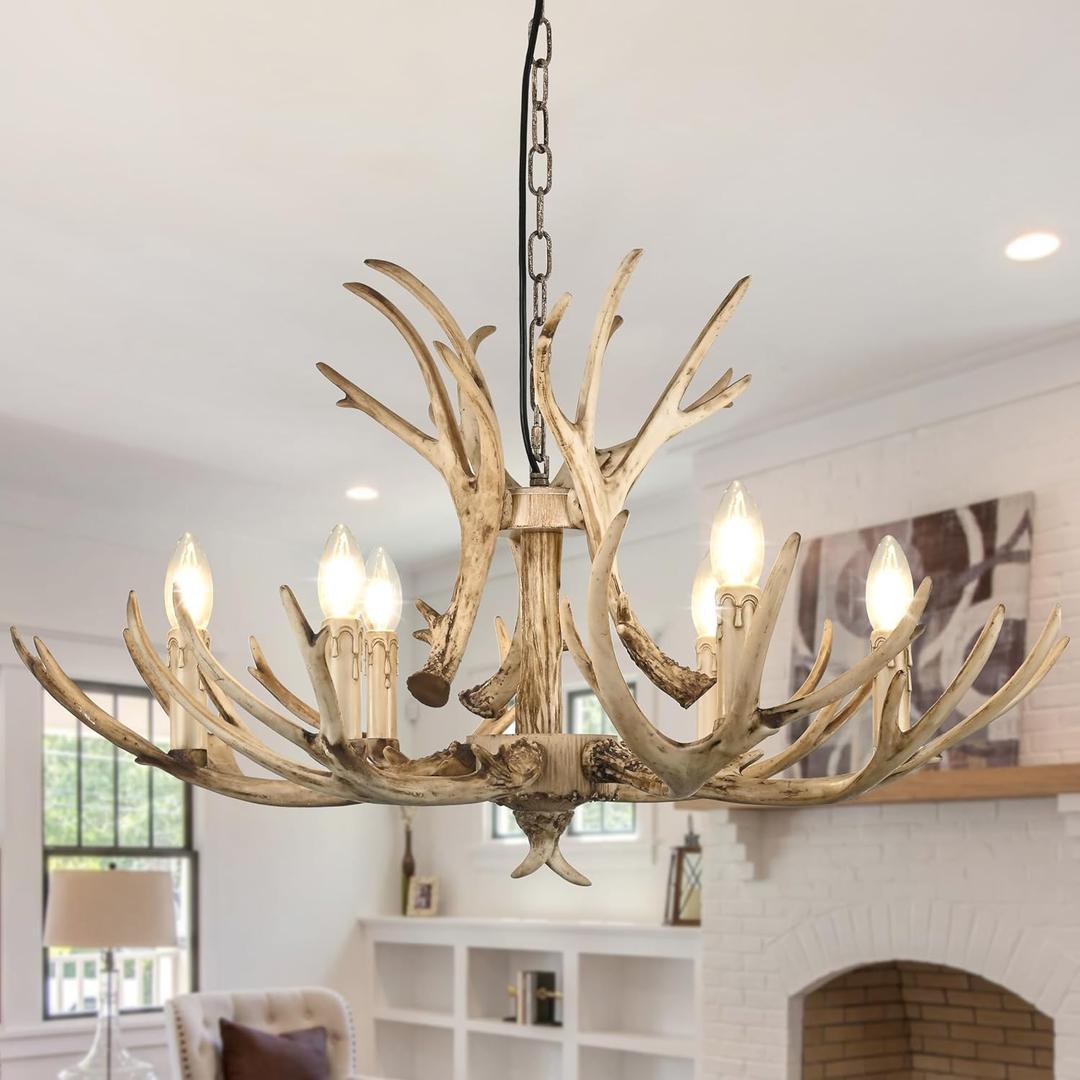 Natural Antler Chandelier - 31.4" Dimmable Resin Antler Light Fixture with 6 Lights - Farmhouse Style, Perfect for Bedroom & Living Room